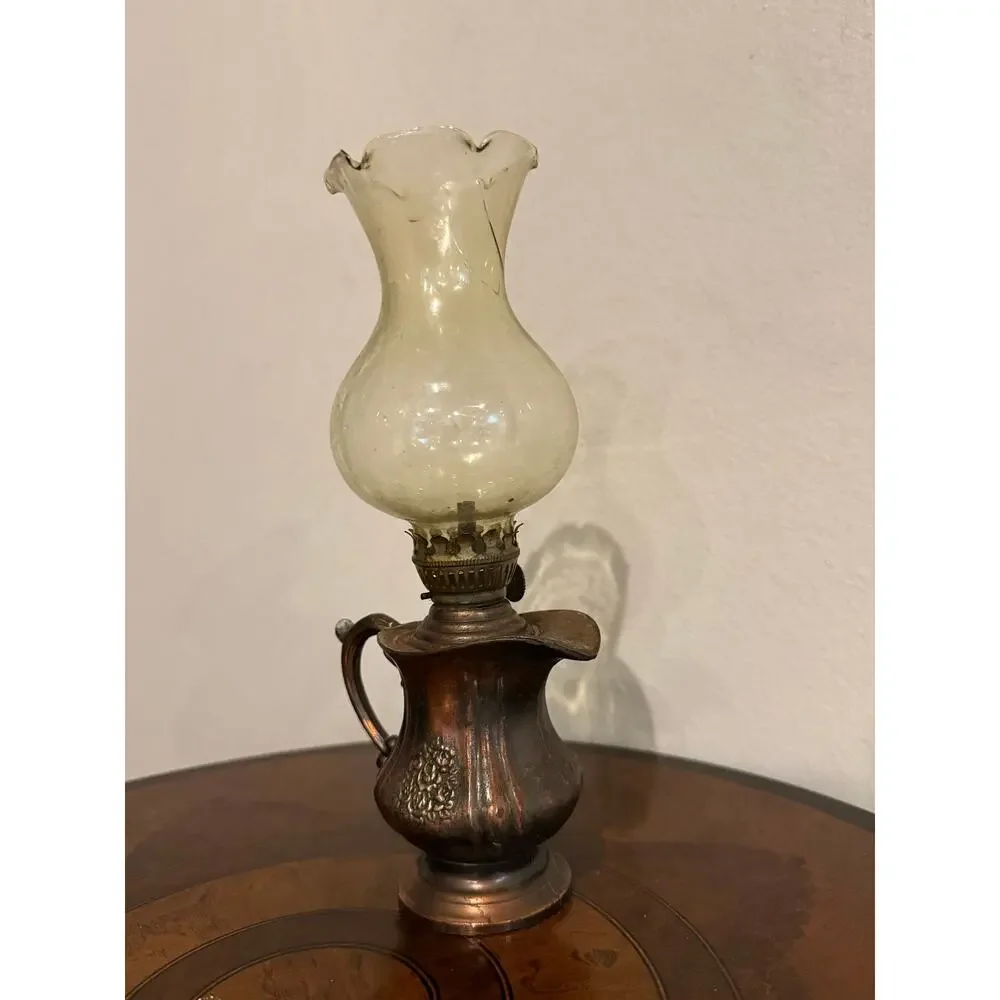 Vintage Miniature Copper Oil Lamp Pitcher Base Ruffled Glass Chimney Hong Kong